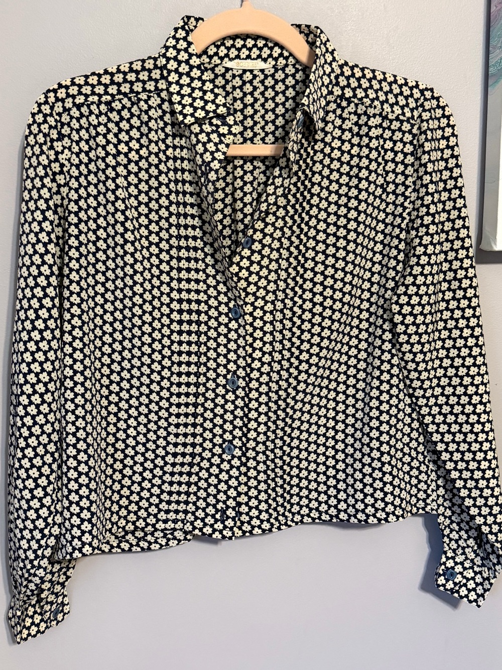 Vintage Cordier Japan Floral Cropped Button-Down Blouse Navy Blue S